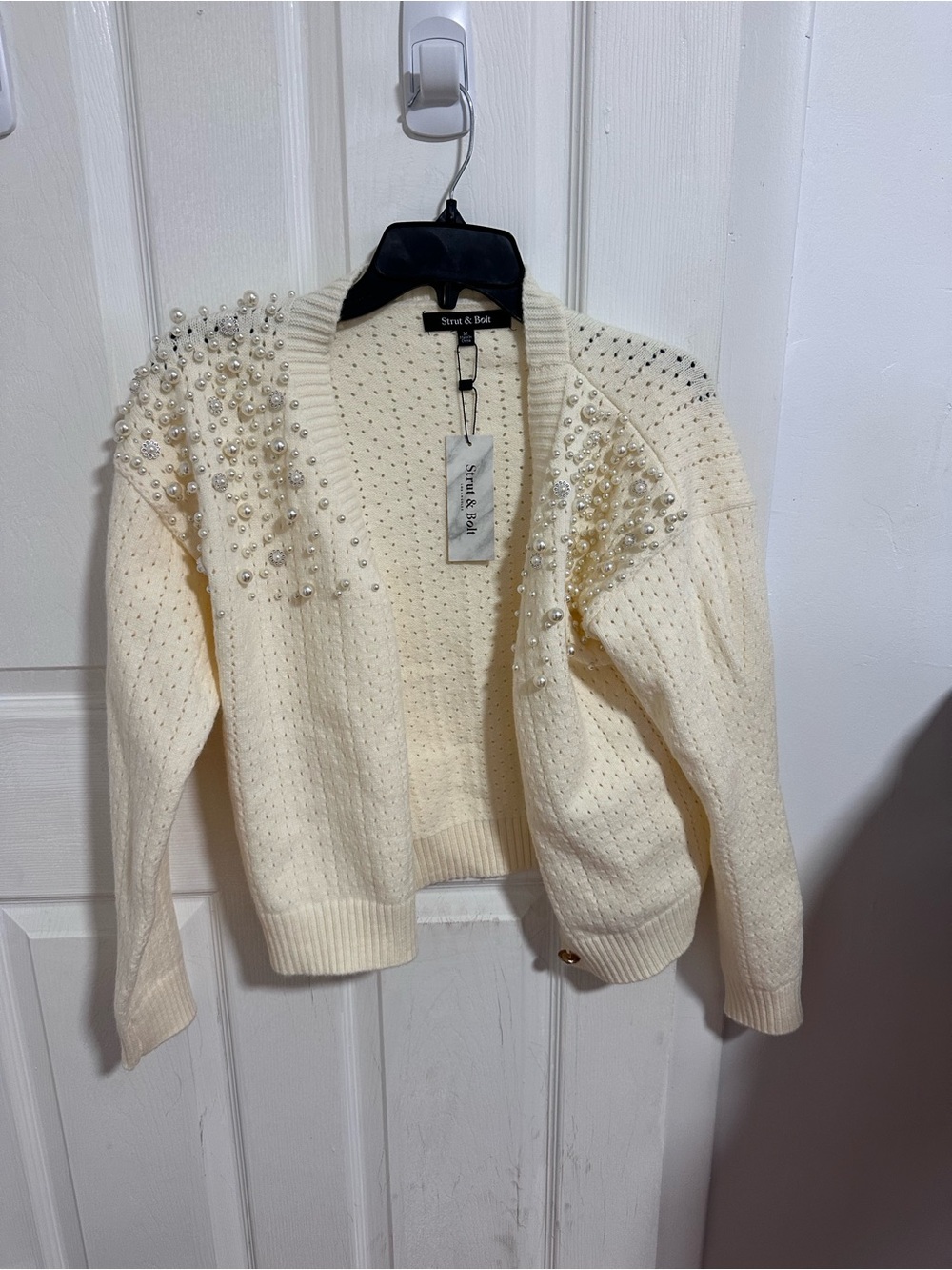 Steve & Bibi Pearl-Embellished Cream Open Cardigan